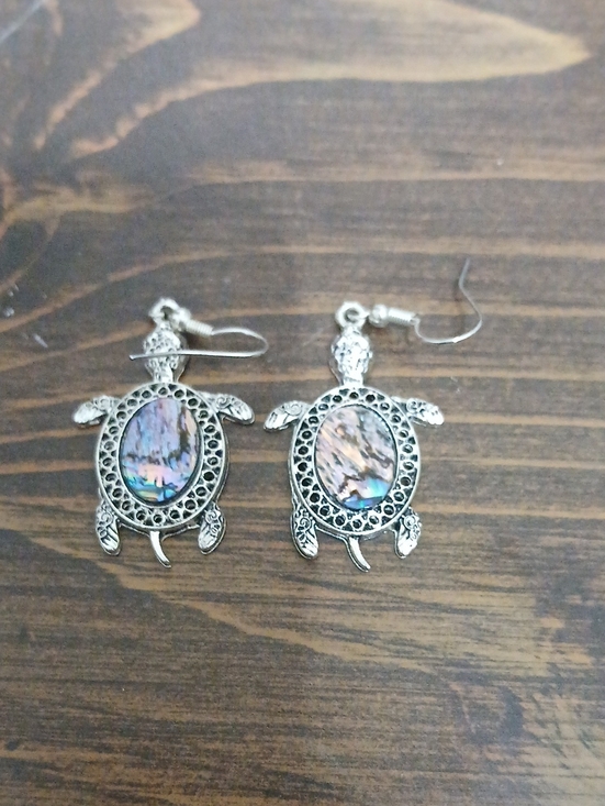 Jewelry - Silver Turtle Dangle Earrings with Abalone Shell Accent